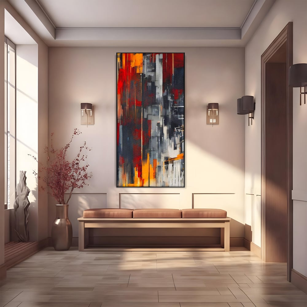 Tablou canvas cu pictura abstracta verticala cu linii urbane, in rama de aluminiu negru